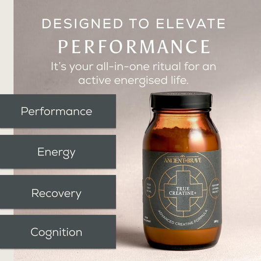 Ancient + Brave True Creatine+ - 180g - Premium Creatine Monohydrate Powder - 100% Micronised - High Performance, Strength Building - Muscle Recovery, Cognitive Function & Wellness