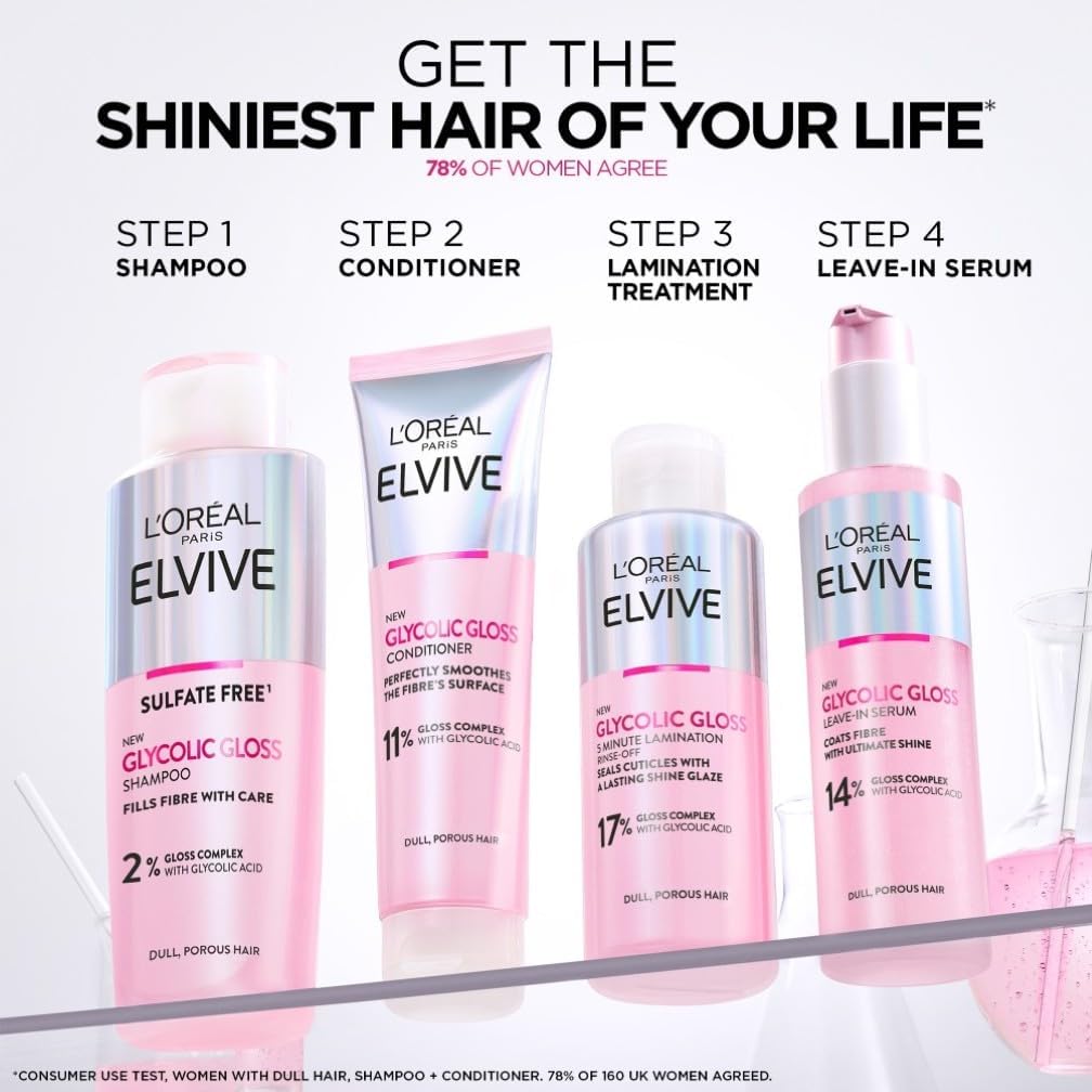 L'Oreal Paris Shampoo for Dull Porous Hair, Elvive Glycolic Gloss Sulphate-Free with Glycolic Acid Complex for Mirror-like shine, Instantly Transforms Dull Hair for Shine, Smoothness & Strength, 200ml