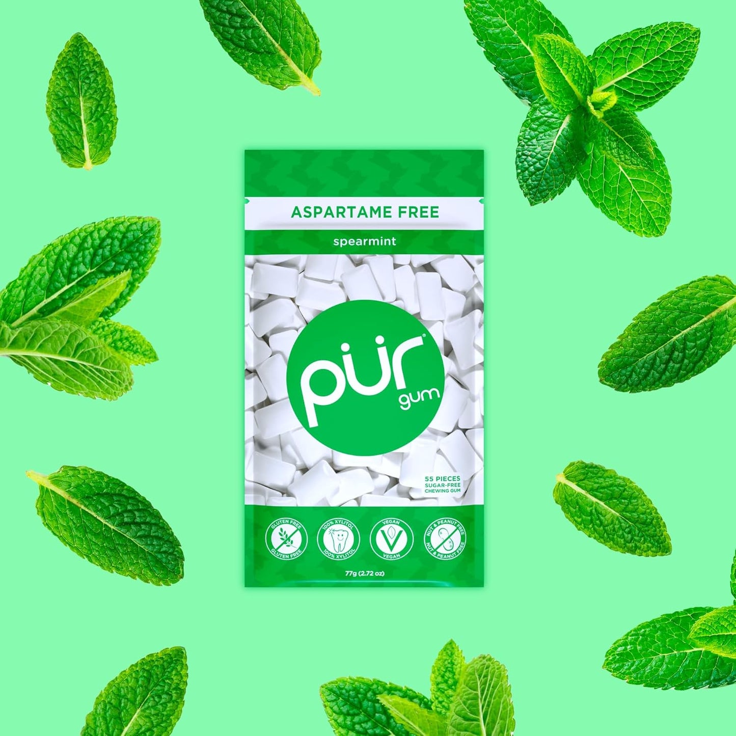 PUR Gum | Sugar Free Chewing Gum | Made with Xylitol | Vegan, Aspartame Free, Gluten Free & Keto Friendly | Natural Spearmint Flavoured Gum, 55 Pieces (Pack of 1)