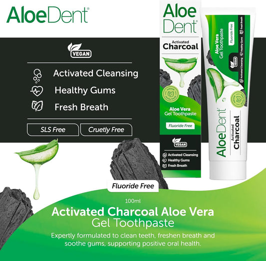 Aloe Dent Charcoal Toothpaste Fluoride Free, Natural Action, Vegan, Cruelty Free , SLS Free, Whitening, Healthy Gums , 100 ml