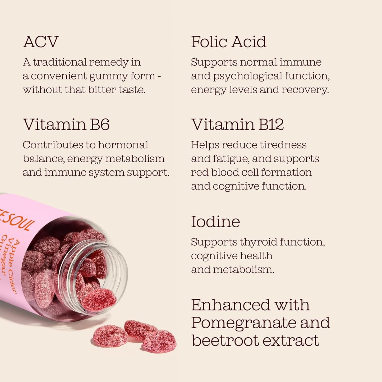 Apple Cider Vinegar Gummies with The Mother 1000mg | Enhanced with Vitamin B12 & Folic Acid | 60 Vegan ACV Capsules with Pomegranate & Beetroot Powder | Natural Ingredients by Free Soul