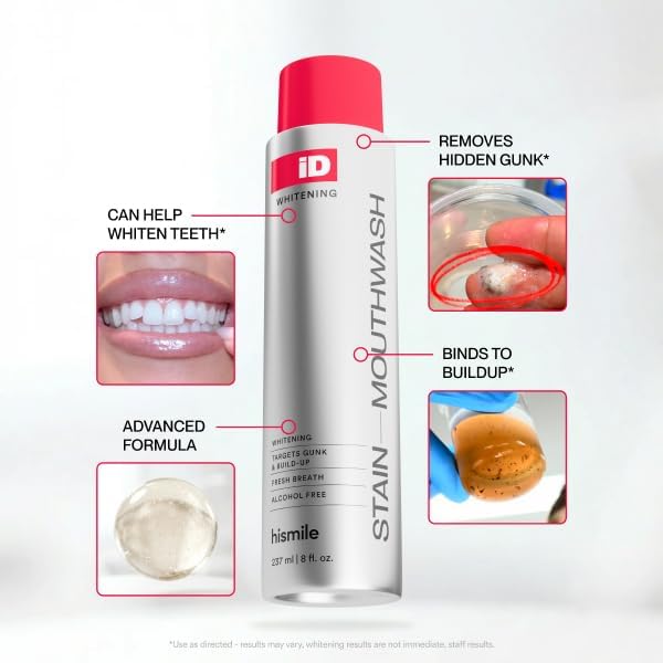 Hismile iD Stain Whitening Mouthwash, Gunk Removing Mouthwash for Fresh Breath, Hydrogen Peroxide Mouthwash to Promote Whiter Teeth, Alcohol-Free Mouthwash with Essential Oils 237ml