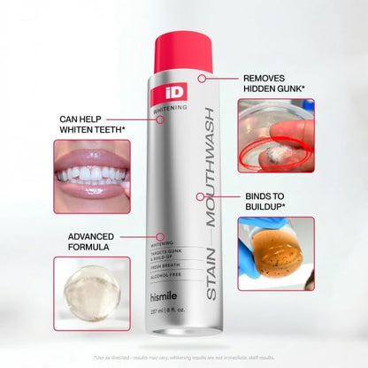 Hismile iD Stain Whitening Mouthwash, Gunk Removing Mouthwash for Fresh Breath, Hydrogen Peroxide Mouthwash to Promote Whiter Teeth, Alcohol-Free Mouthwash with Essential Oils 237ml