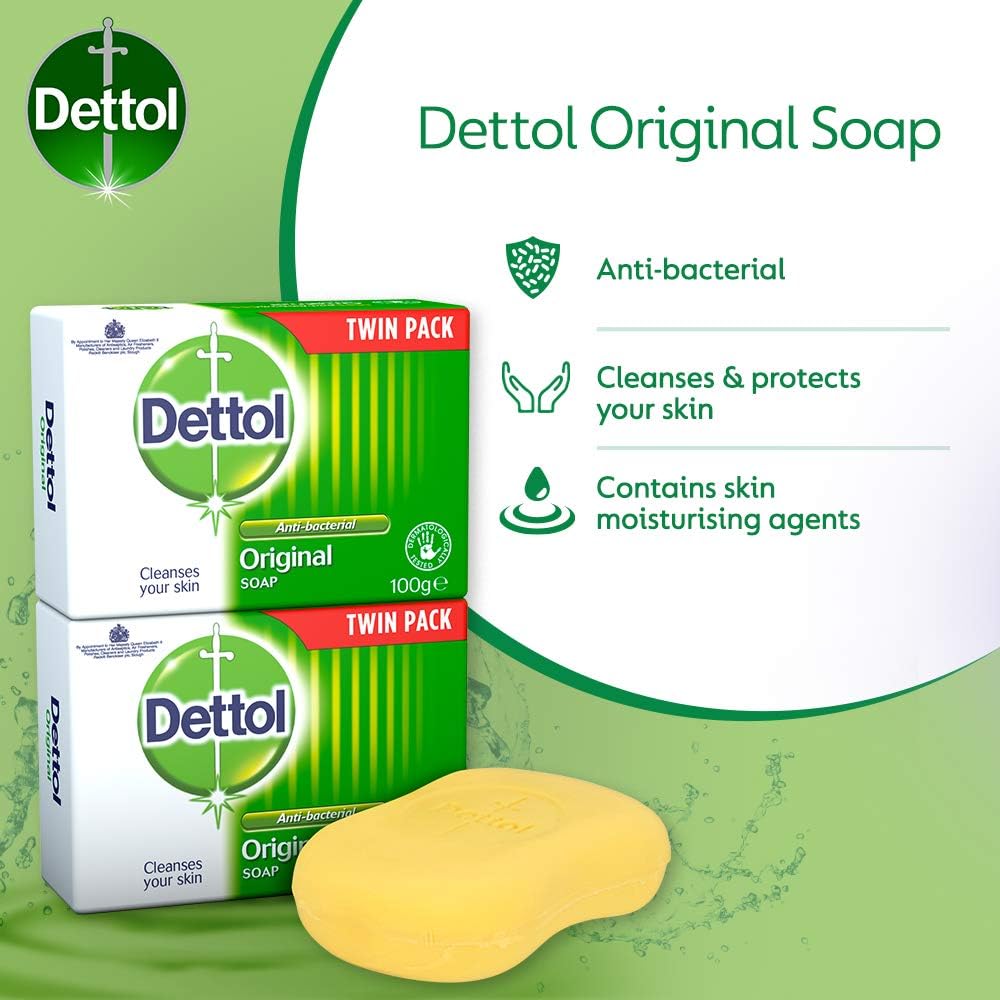 Dettol Soap, Original Antibacterial Bar, 2 Pack (100g x 2) Disinfectant, Soft on Skin, Tough on Dirt, Suitable for Everyday Use, Contains Skins Moisturising Agents, Kills 99.9 Percent of bacteria