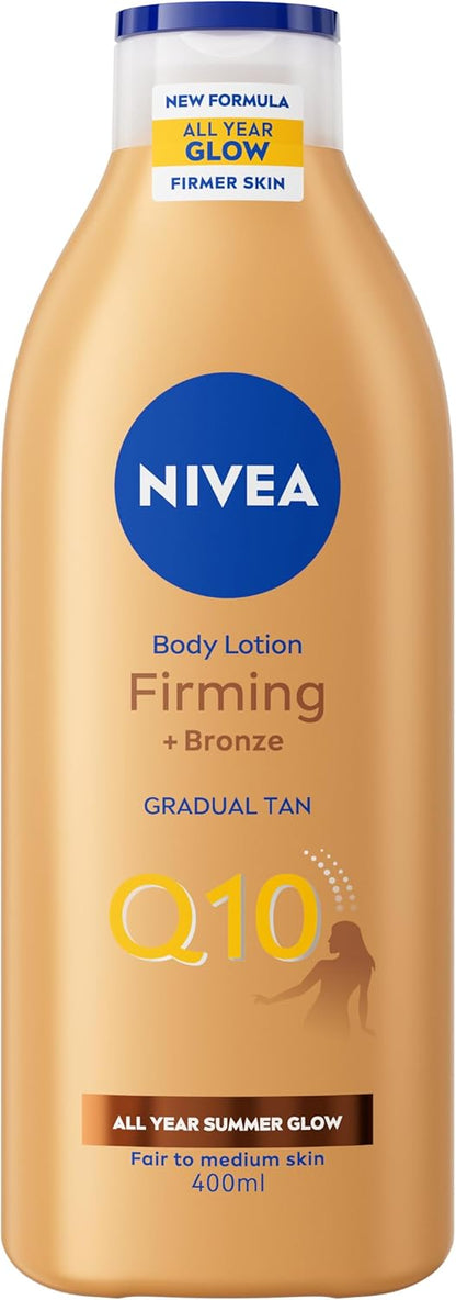 NIVEA Q10 Firming + Bronze Gradual Tan Body Lotion (400 ml), Firming Cream for Bronzed Skin with Q10, Supports a Gradual Tan, Tanning Moisturiser for a Sun-Kissed Radiant Glow