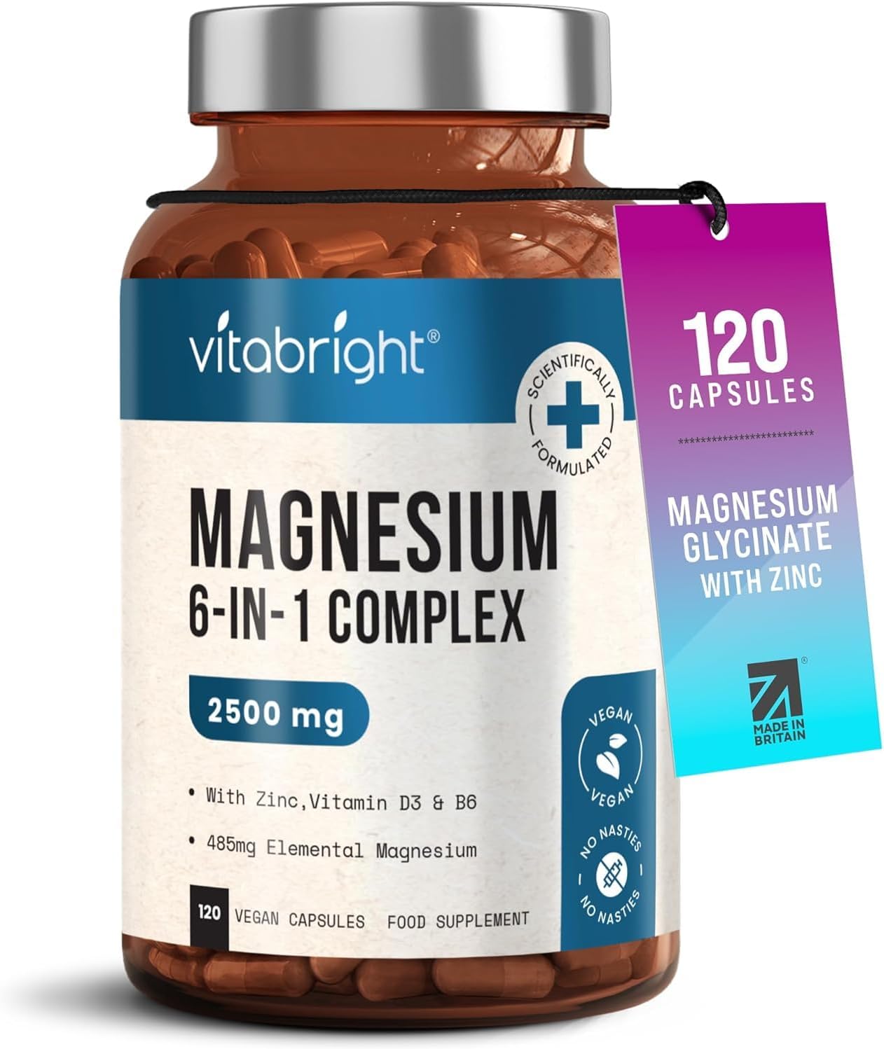 VitaBright Magnesium Glycinate Complex 6-in-1 | 2500mg, 485mg Elemental | 120 Caps | Glycinate Tablets, Zinc, Vitamin B6 & D | High Strength Magnesium Supplements for Women | ZMA Supplements for Men