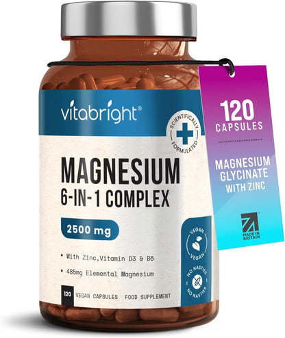 VitaBright Magnesium Glycinate Complex 6-in-1 | 2500mg, 485mg Elemental | 120 Caps | Glycinate Tablets, Zinc, Vitamin B6 & D | High Strength Magnesium Supplements for Women | ZMA Supplements for Men