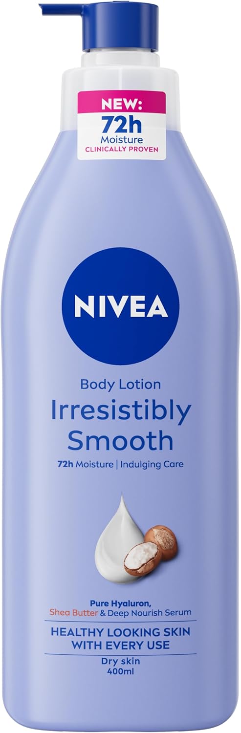 NIVEA Irresistibly Smooth Body Lotion (400ml), 72H Hydration NIVEA Moisturiser for Soft and Smooth Skin Made with Pure Hyaluron and Shea Butter, Intensive Moisturising Body Moisturiser