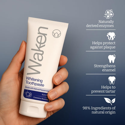 Waken Whitening Toothpaste, Natural Enzymes & Peppermint, Tooth paste with Fluoride, Hydrogen Peroxide-Free Toothpaste Whitening, Fresh Breath & White Teeth, Vegan, 75ml