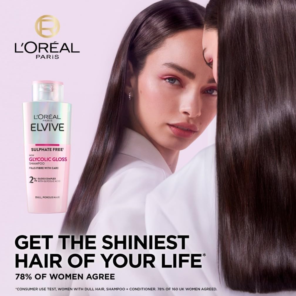 L'Oreal Paris Shampoo for Dull Porous Hair, Elvive Glycolic Gloss Sulphate-Free with Glycolic Acid Complex for Mirror-like shine, Instantly Transforms Dull Hair for Shine, Smoothness & Strength, 200ml