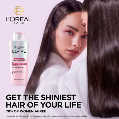 L'Oreal Paris Shampoo for Dull Porous Hair, Elvive Glycolic Gloss Sulphate-Free with Glycolic Acid Complex for Mirror-like shine, Instantly Transforms Dull Hair for Shine, Smoothness & Strength, 200ml