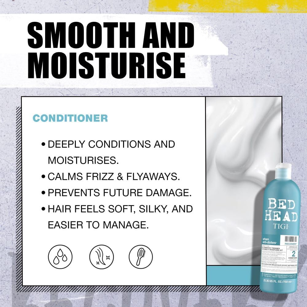 Bed Head by TIGI 750ml Recovery Shampoo and Conditioner Set - Deep Moisture, Salon-Pro, Shampoo and Conditioner for Dry, Heat Damaged Hair to Control Frizz, Unisex Colour Protection Hair Treatment