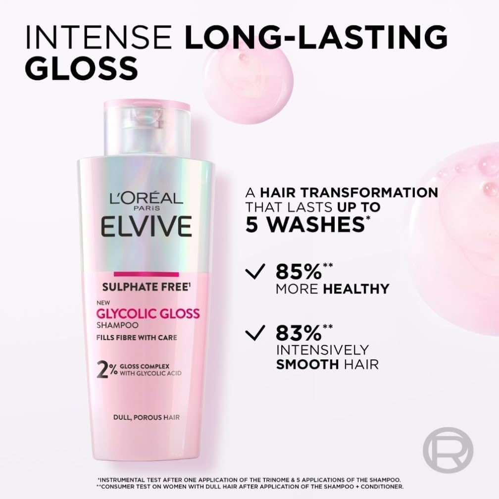 L'Oreal Paris Shampoo for Dull Porous Hair, Elvive Glycolic Gloss Sulphate-Free with Glycolic Acid Complex for Mirror-like shine, Instantly Transforms Dull Hair for Shine, Smoothness & Strength, 200ml