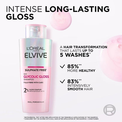L'Oreal Paris Shampoo for Dull Porous Hair, Elvive Glycolic Gloss Sulphate-Free with Glycolic Acid Complex for Mirror-like shine, Instantly Transforms Dull Hair for Shine, Smoothness & Strength, 200ml