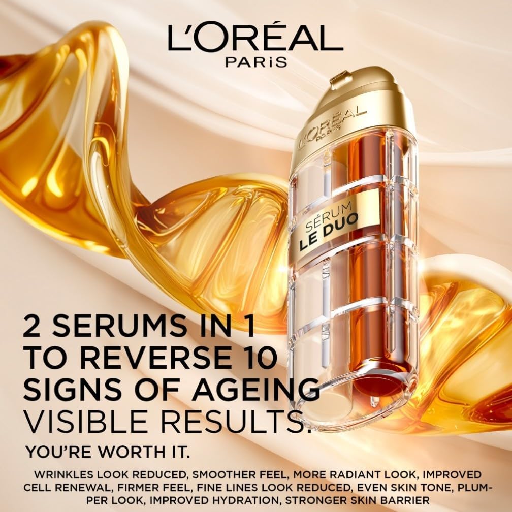 L'Oréal Paris Age Defying Face Serum, Le Duo Serum, Instant Firmness & Wrinkle Reduction for Mature Skin, Advanced Innovation, Radiant Complexion, Youthful Contours, 30ml