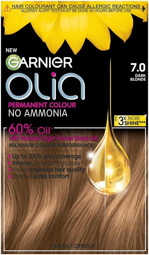 Garnier Olia 7.0 Dark Blonde, oil-powered, no-ammonia. 100% grey coverage. Luminous, long-lasting, vibrant dark blonde hair color with incredible shine and softness.