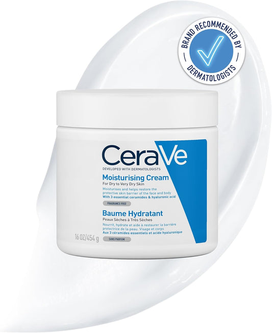 CeraVe Moisturising Cream, Face & Body, with 3 Essential Ceramides & Hyaluronic Acid for Dry to Very Dry Skin, Developed with Dermatologists, Fragrance-Free, 454g/16oz