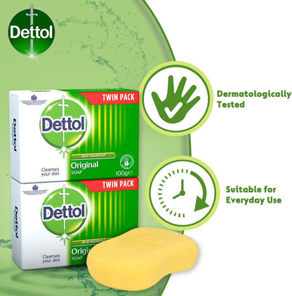 Dettol Soap, Original Antibacterial Bar, 2 Pack (100g x 2) Disinfectant, Soft on Skin, Tough on Dirt, Suitable for Everyday Use, Contains Skins Moisturising Agents, Kills 99.9 Percent of bacteria