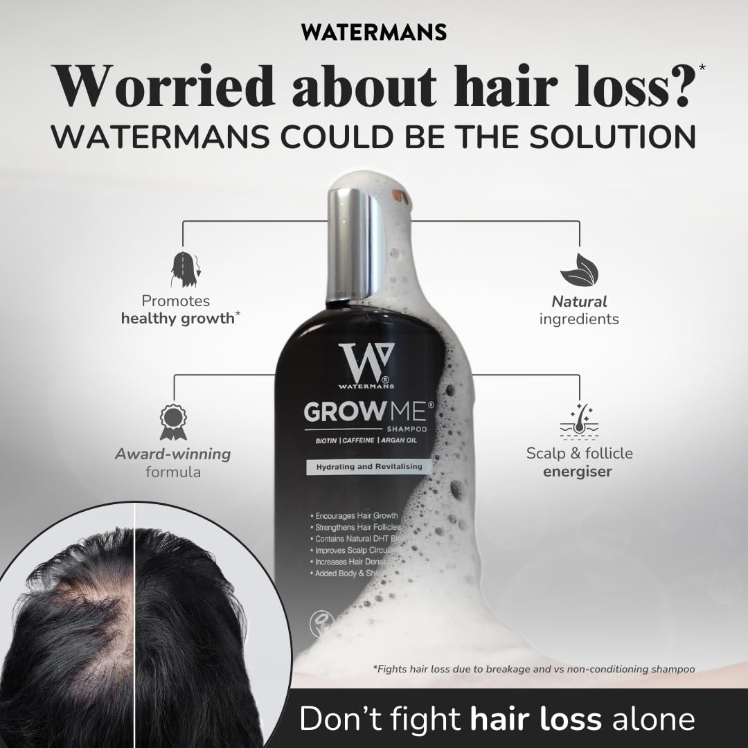 Watermans Grow Me® Hair Growth Shampoo - Not just a Caffeine Shampoo we include Biotin, Argan Oil, Rosemary, Niacinamide. Hair Thickening Treatment for Women & Men with progressed thinning.
