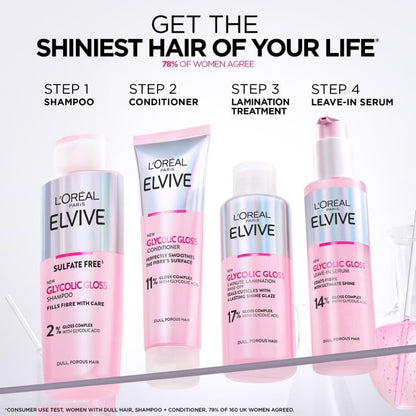 L'Oreal Paris Shampoo for Dull Porous Hair, Elvive Glycolic Gloss Sulphate-Free with Glycolic Acid Complex for Mirror-like shine, Instantly Transforms Dull Hair for Shine, Smoothness & Strength, 200ml