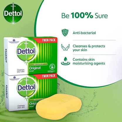 Dettol Soap, Original Antibacterial Bar, 2 Pack (100g x 2) Disinfectant, Soft on Skin, Tough on Dirt, Suitable for Everyday Use, Contains Skins Moisturising Agents, Kills 99.9 Percent of bacteria