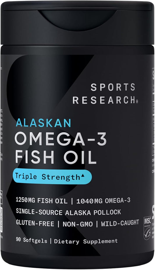 Sports Research® Omega-3 Fish Oil 1250 - Triple Strength Fish Oil Supplement from Wild Alaska Pollock - MSC Certified Sustainable · Non-GMO · Soy Free - 90 Softgel Capsules