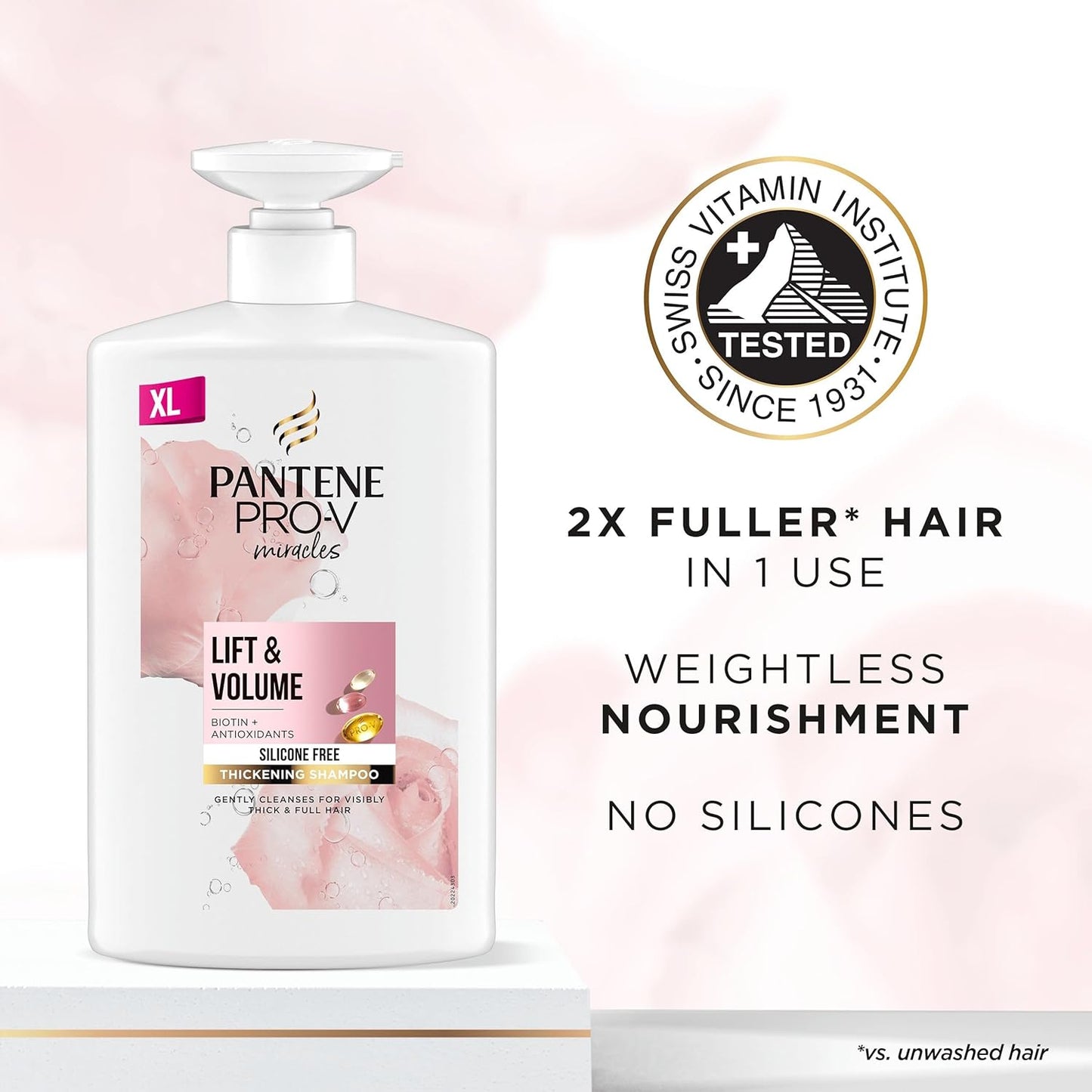 Pantene Lift'N'Volume Thickening Shampoo with Biotin, Silicone Free, 1000ml XL Pump. Pro V Miracles Shampoo Enriched with Antioxidants. Visibly Fuller Hair