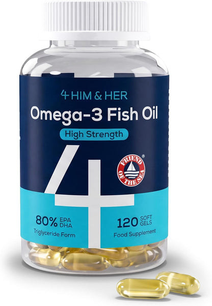 Omega 3 Capsules High Strength Fish Oil 1334mg – Easy to Swallow, No Fishy Taste – for Heart & Brain – 668mg EPA, 500mg DHA – 80% Concentrate Triglyceride Form – 120 Caps, 2 Month Supply – 4 HIM & HER
