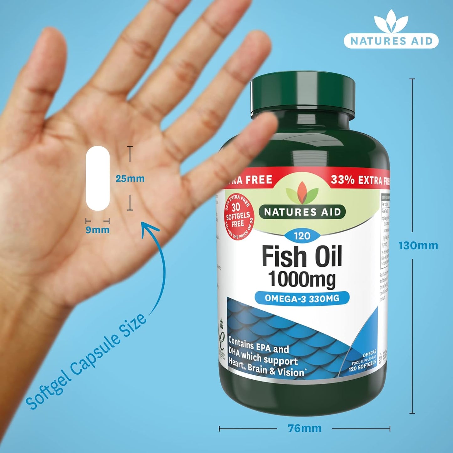 Natures Aid Fish Oil 1000mg – High Strength Omega-3 Supplement with DHA & EPA – Supports Heart, Brain Vision, Immune & Joint Health Non-GMO – High Strength Natural Fish Oil – 120 Softgel Capsules