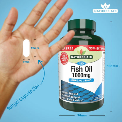 Natures Aid Fish Oil 1000mg – High Strength Omega-3 Supplement with DHA & EPA – Supports Heart, Brain Vision, Immune & Joint Health Non-GMO – High Strength Natural Fish Oil – 120 Softgel Capsules
