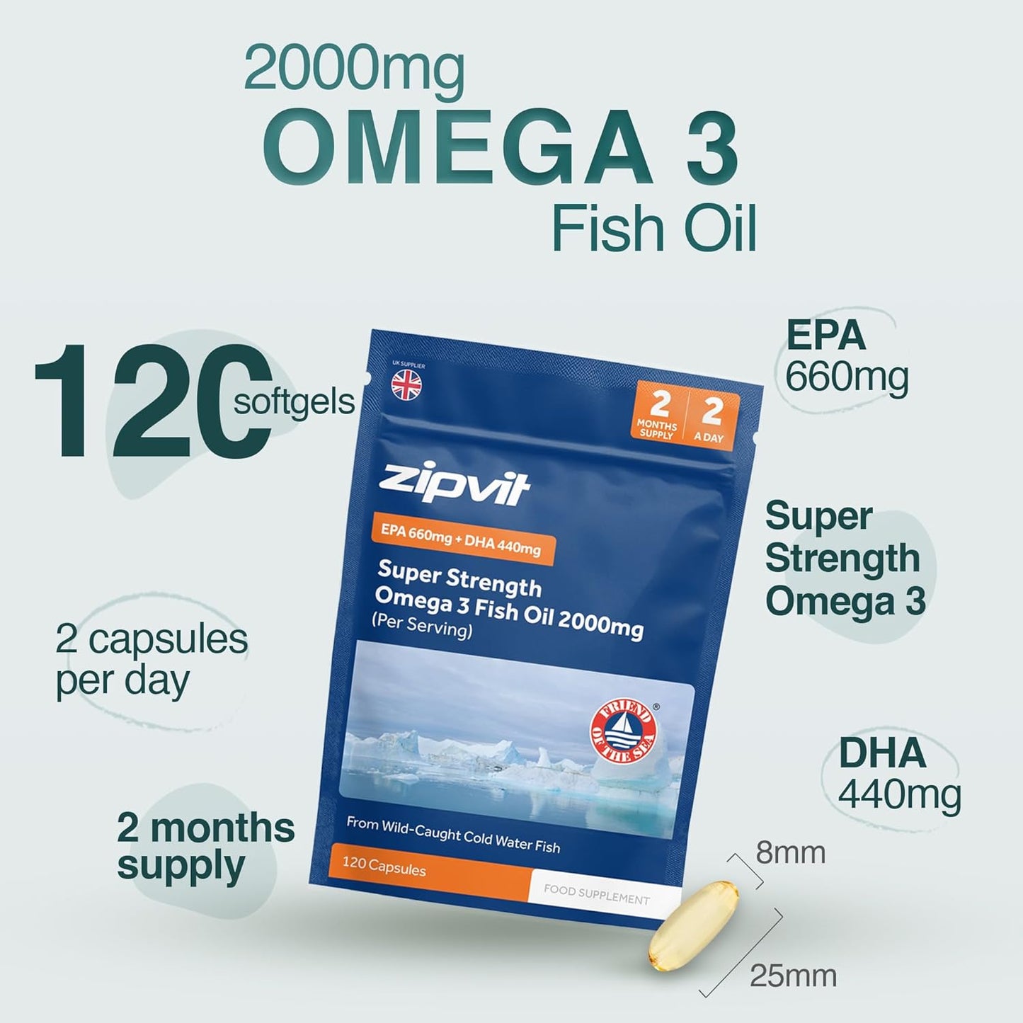 Zipvit Omega 3 Fish Oil 2000mg, EPA 660mg DHA 440mg, Wild-Caught, Cold Water Fish, Supports Heart, Brain & Vision, 120 Softgels, 2 Months Supply, Eco-Friendly Pouch