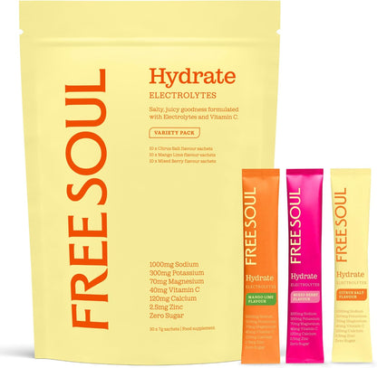 Free Soul Hydrate | Electrolyte Hydration Sachets with Sodium, Magnesium, Vitamin C, & More | Zero Sugar, Advanced Electrolyte Powder for Daily Use | Variety Pack