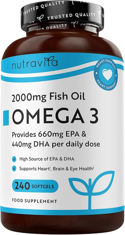 Nutravita Omega 3 Capsules High Strength 2000mg with 660mg EPA & 440mg DHA, 240 Softgel Omega 3 Fish Oil Capsules for 4 Months of Supply, Fish Oil Omega 3 Supplements