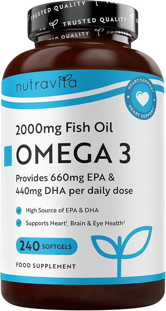 Nutravita Omega 3 Capsules High Strength 2000mg with 660mg EPA & 440mg DHA, 240 Softgel Omega 3 Fish Oil Capsules for 4 Months of Supply, Fish Oil Omega 3 Supplements