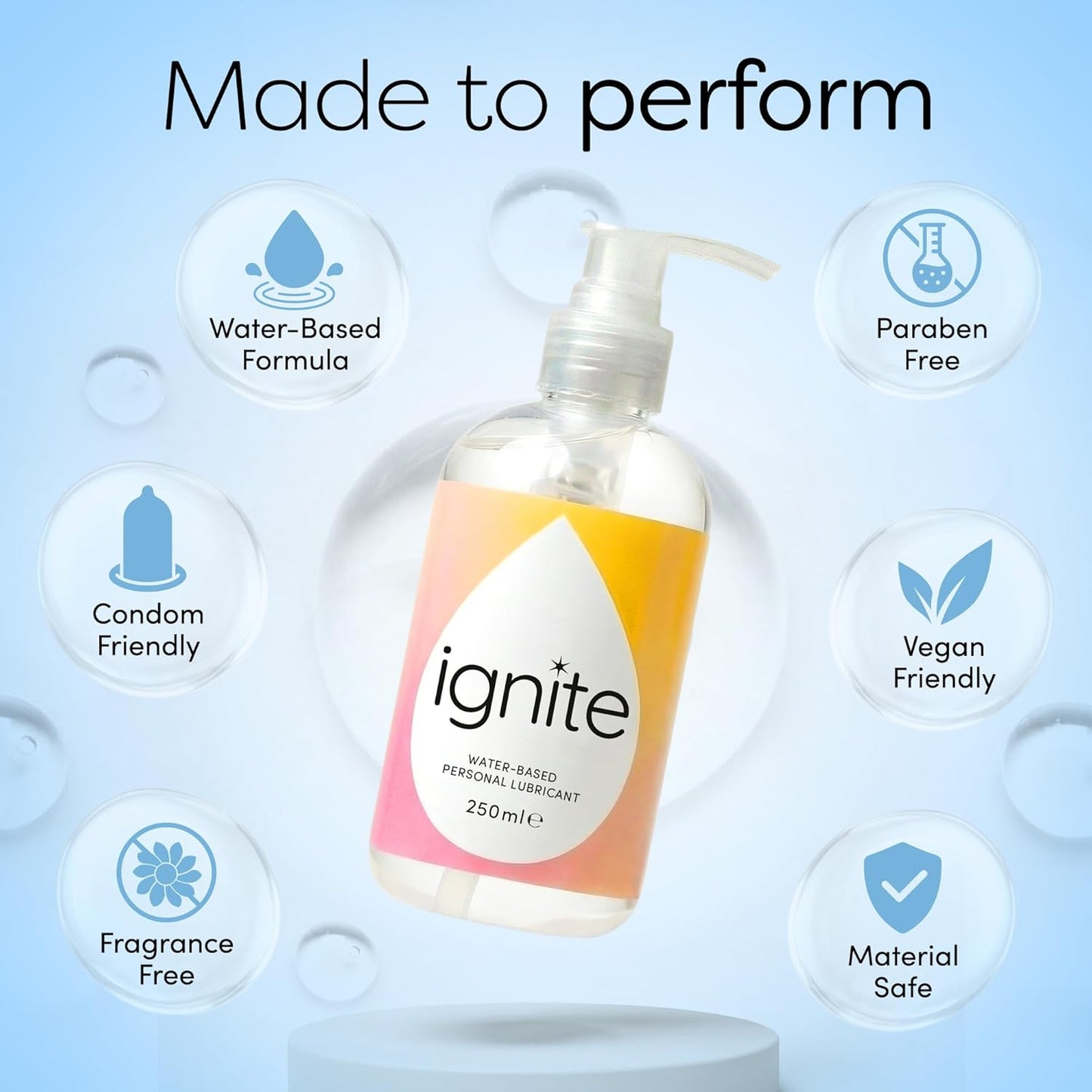 Ignite Water Based Lube Gel 250ml | Fragrance Free, pH-Balanced Lube Water Based Unflavoured | Paraben Free, Vegan & Condom Friendly | Non Sticky & Non Staining Water Based Lubricant for Men & Women