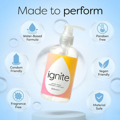 Ignite Water Based Lube Gel 250ml | Fragrance Free, pH-Balanced Lube Water Based Unflavoured | Paraben Free, Vegan & Condom Friendly | Non Sticky & Non Staining Water Based Lubricant for Men & Women