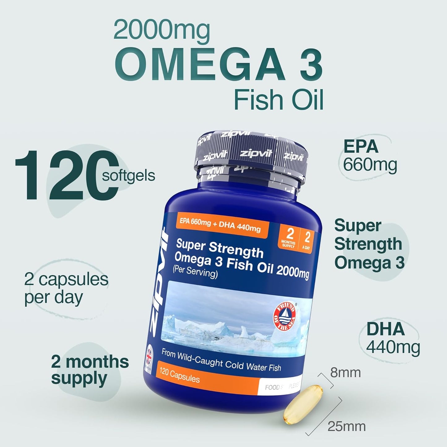 Zipvit Omega 3 Fish Oil 2000mg, EPA 660mg DHA 440mg, Wild-Caught, Cold Water Fish, Supports Heart, Brain & Vision, 120 Softgels, 2 Months Supply
