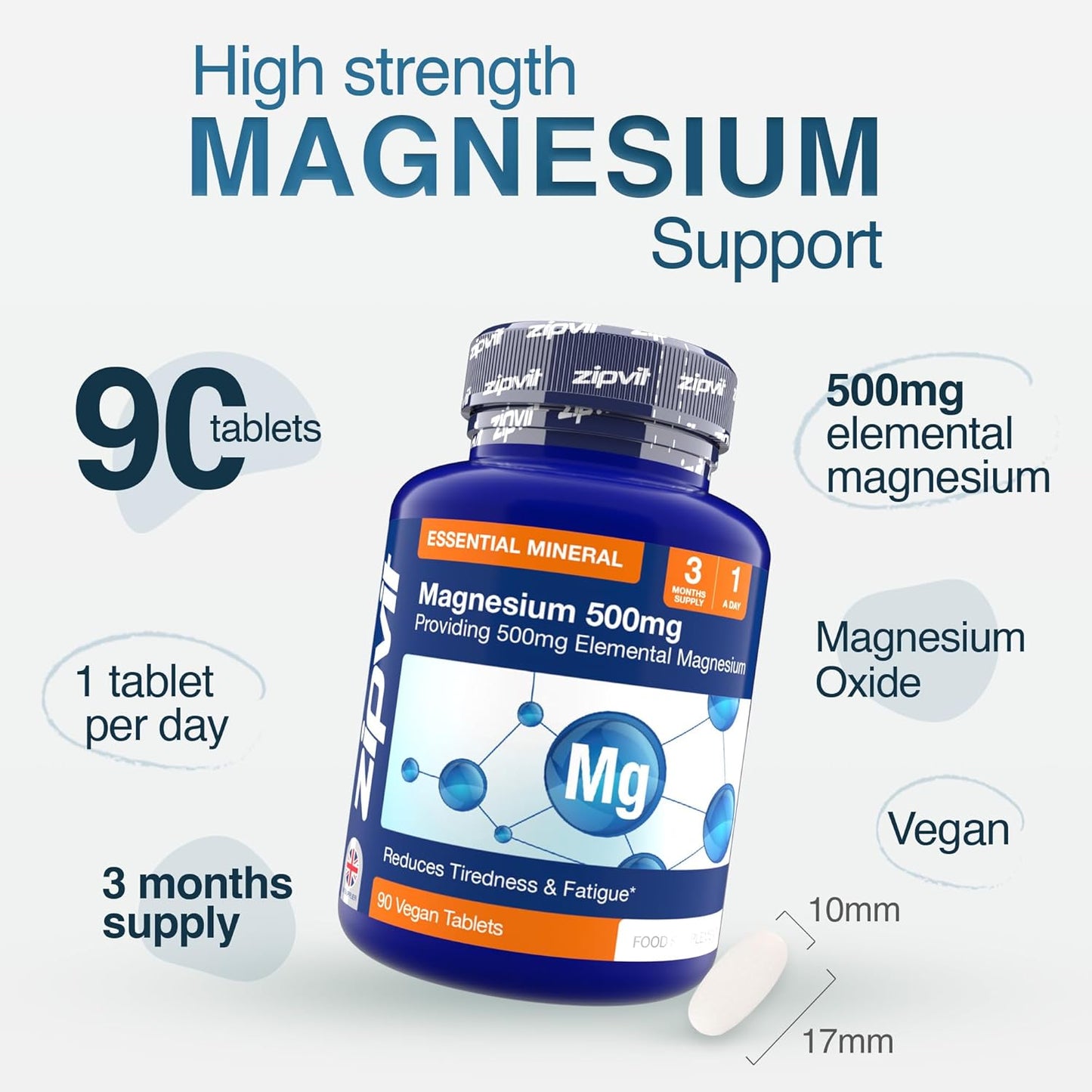 Zipvit Magnesium 500mg of Elemental, High-Strength Magnesium Supplement, 3 Month Supply, 90 Vegan Tablets, Supports Muscle, Bone & Energy