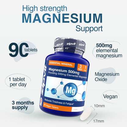Zipvit Magnesium 500mg of Elemental, High-Strength Magnesium Supplement, 3 Month Supply, 90 Vegan Tablets, Supports Muscle, Bone & Energy