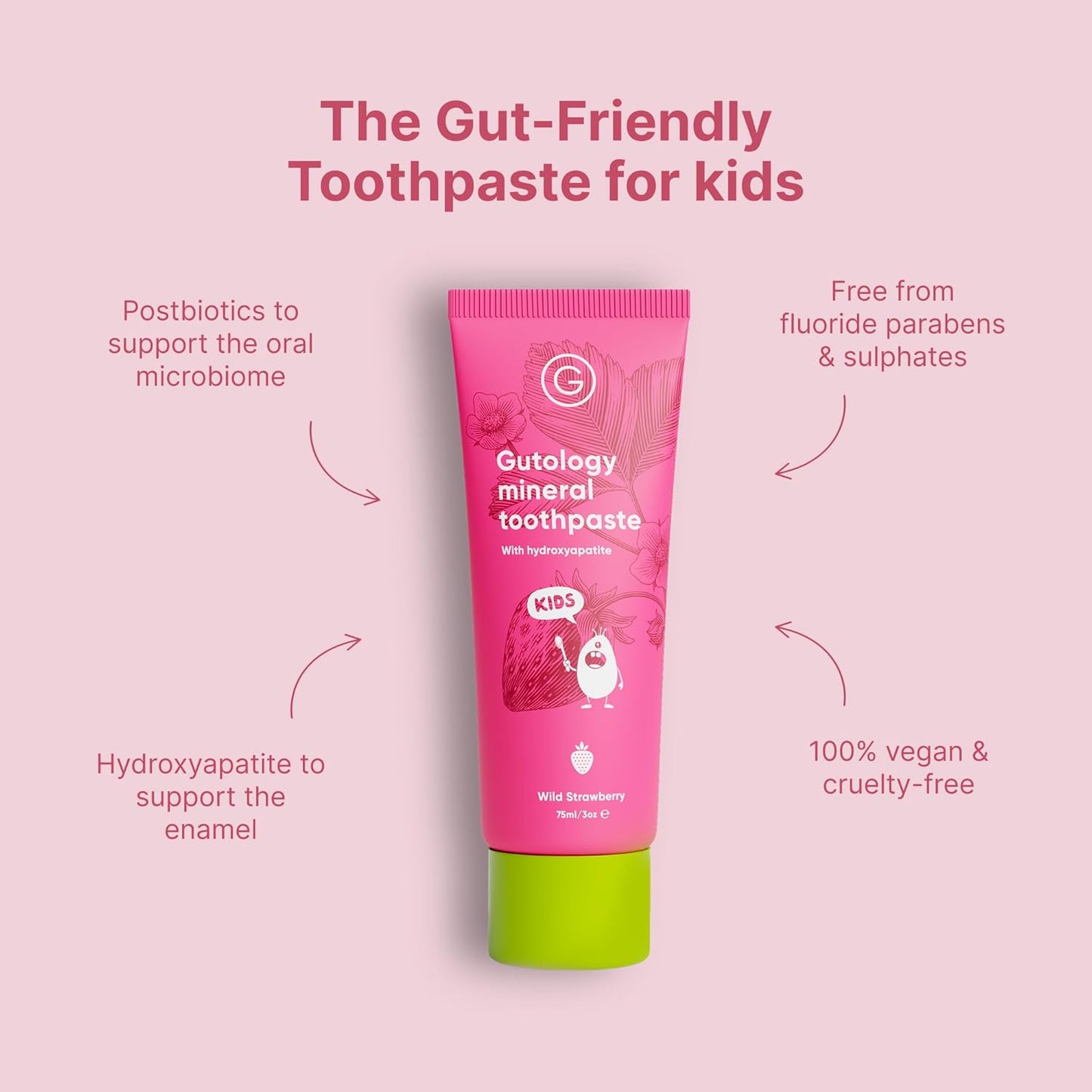 Gutology Kids Hydroxyapatite Mineral Toothpaste 75ml Fluoride Free Toothpaste Microbiome Friendly Suitable for Sensitive Teeth & Children - Wild Strawberry Flavour