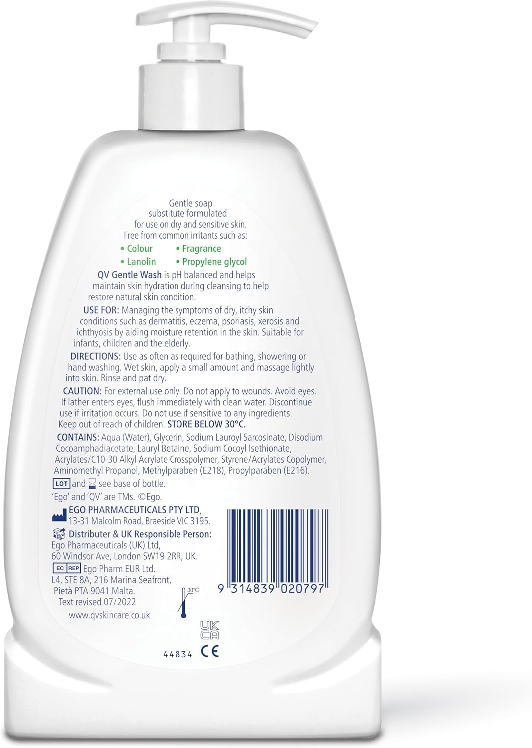 QV Gentle Wash (500g) for Dry, Sensitive Skin, pH Balanced, Unscented, Soap Free, Moisturising Soap alternative that lathers for Dry Skin Eczema, Psoriasis, Dermatitis for whole body