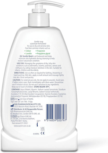 QV Gentle Wash (500g) for Dry, Sensitive Skin, pH Balanced, Unscented, Soap Free, Moisturising Soap alternative that lathers for Dry Skin Eczema, Psoriasis, Dermatitis for whole body
