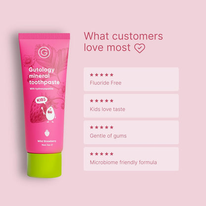 Gutology Kids Hydroxyapatite Mineral Toothpaste 75ml Fluoride Free Toothpaste Microbiome Friendly Suitable for Sensitive Teeth & Children - Wild Strawberry Flavour