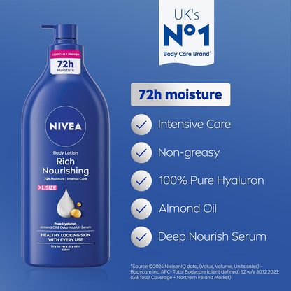NIVEA Rich Nourishing Body Lotion (625ml), Rich 72H Hydration Moisturiser for Dry Skin Made with Deep Moisture Serum and Almond Oil, Extra Large NIVEA Body Lotion