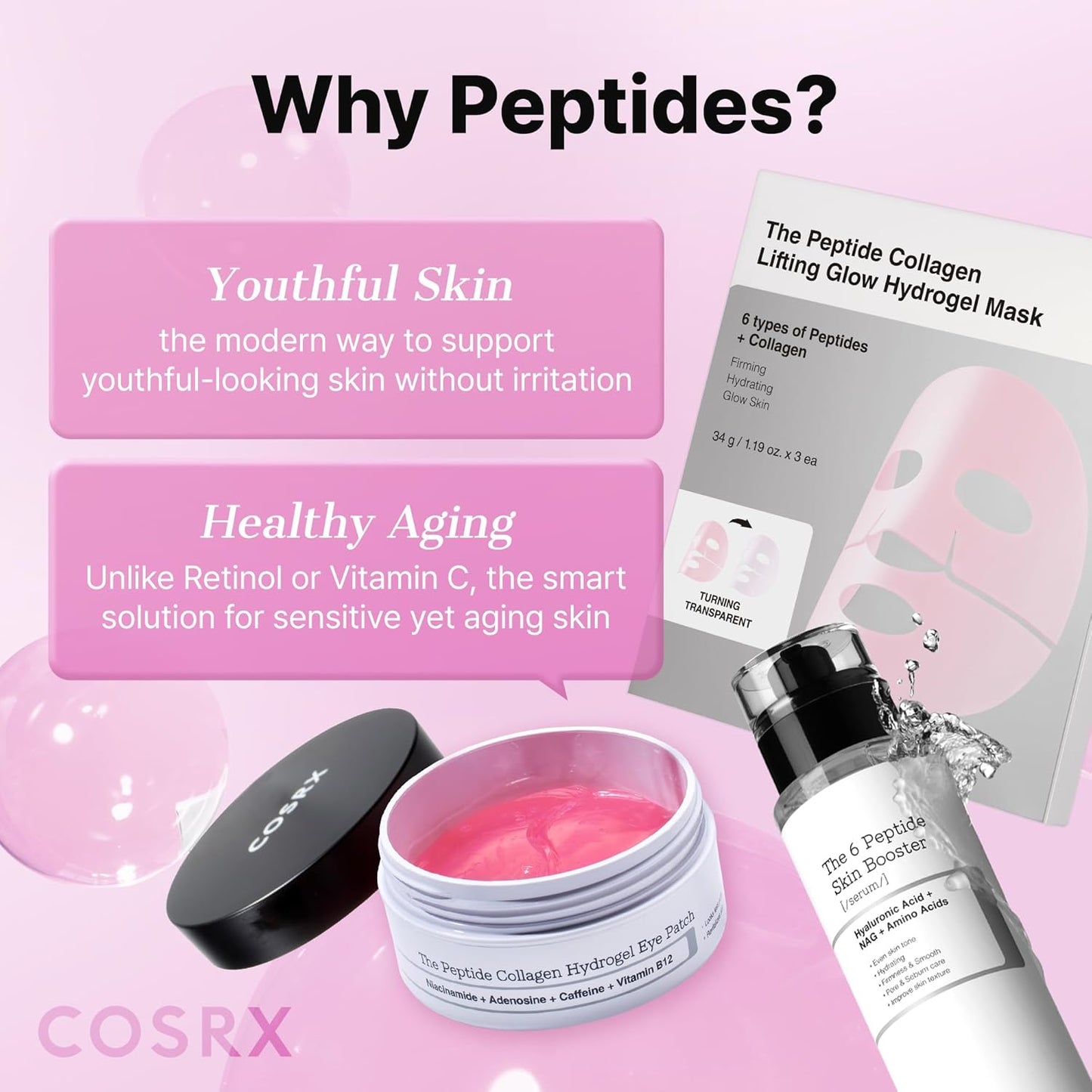 COSRX Pink Peptide Collagen Hydrogel Eye Patches Wrinkle Patches for Puffy Eyes, Dark Circles, Eye Bags, Wrinkles and Fine Lines, Firming and Depuffing Under Eye Masks, Korean Skincare