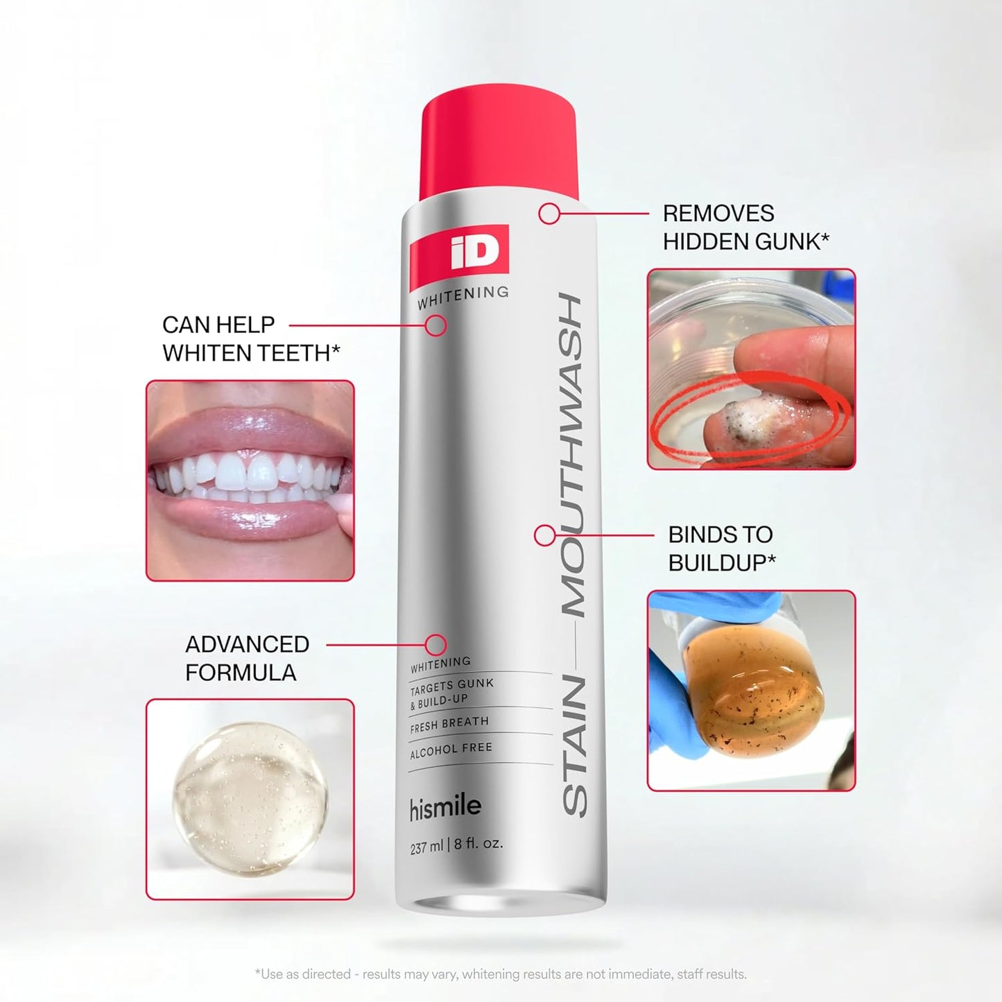 Hismile iD Stain Whitening Mouthwash, Gunk Removing Mouthwash for Fresh Breath, Hydrogen Peroxide Mouthwash to Promote Whiter Teeth, Alcohol-Free Mouthwash with Essential Oils 237ml