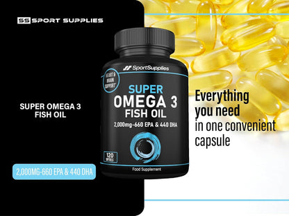Omega 3 Fish Oil Capsules High Strength - 2,000mg Daily Serving - 33:22 EPA/DHA - 120 Softgel Capsules - SS Sport Supplies