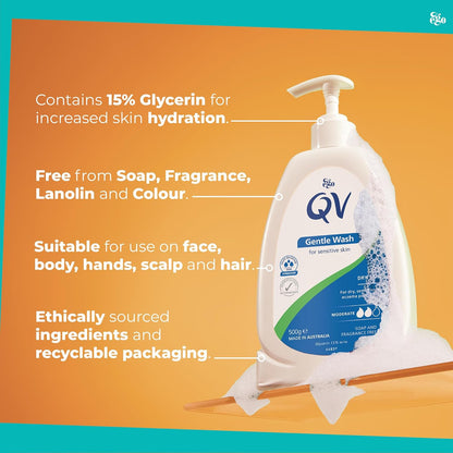 QV Gentle Wash (500g) for Dry, Sensitive Skin, pH Balanced, Unscented, Soap Free, Moisturising Soap alternative that lathers for Dry Skin Eczema, Psoriasis, Dermatitis for whole body
