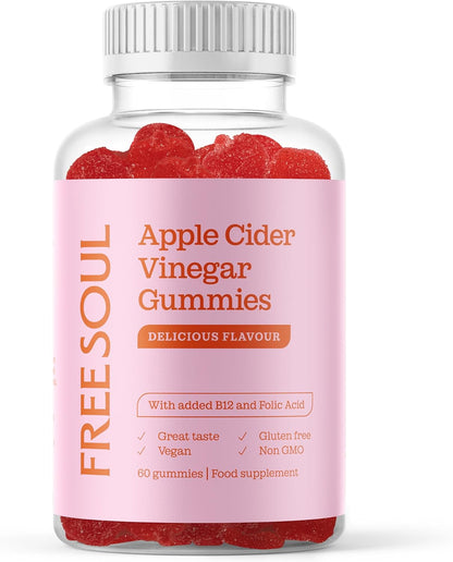 Apple Cider Vinegar Gummies with The Mother 1000mg | Enhanced with Vitamin B12 & Folic Acid | 60 Vegan ACV Capsules with Pomegranate & Beetroot Powder | Natural Ingredients by Free Soul