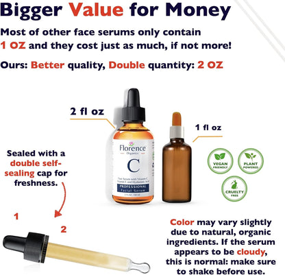 Big 2.11oz. Organic Vitamin C Serum for Face. Anti-Dark Spots, Wrinkles Skin Repair Serum with Hyaluronic Acid, Vitamin C & Niacinamide. All-in-One Brightening, Anti Aging Facial & Eye Area Skincare